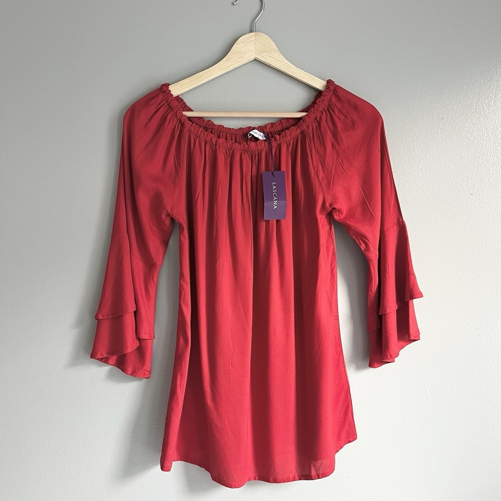 Lascana Flowy Off Shoulder Top Ruffle Bell Sleeves Red Lightweight Size 2 NWT